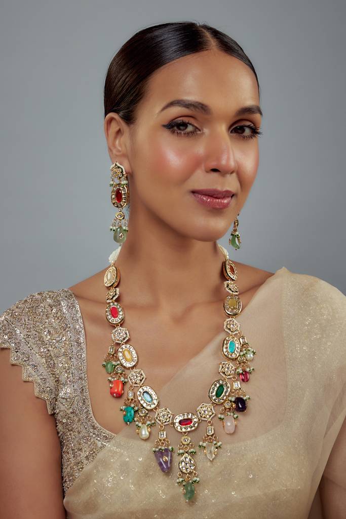 Vivinia By Vidhi Mehra Saadgi Gold Plated Multicolored Kundan, Polki Womens Long Necklace Set With Pair Of Earrings (F : VN893