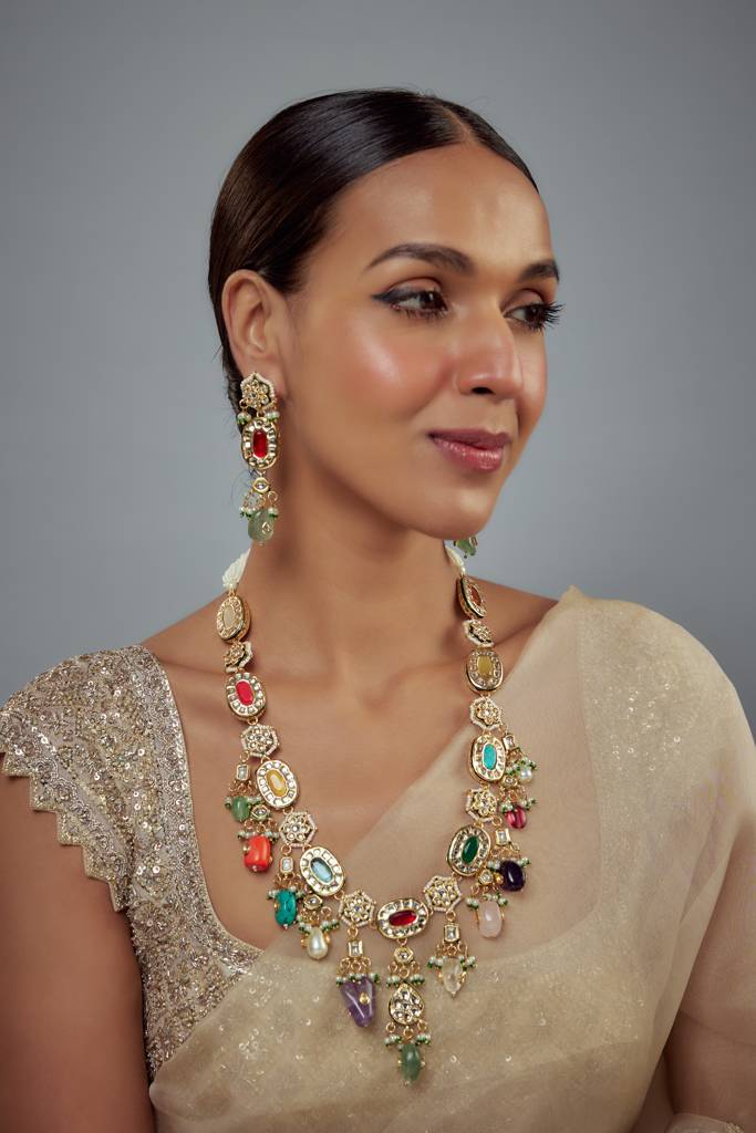 Vivinia By Vidhi Mehra Saadgi Gold Plated Multicolored Kundan, Polki Womens Long Necklace Set With Pair Of Earrings (F : VN893