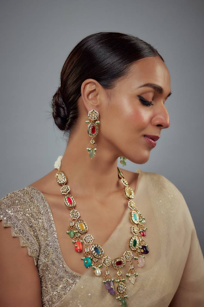 Vivinia By Vidhi Mehra Saadgi Gold Plated Multicolored Kundan, Polki Womens Long Necklace Set With Pair Of Earrings (F : VN893