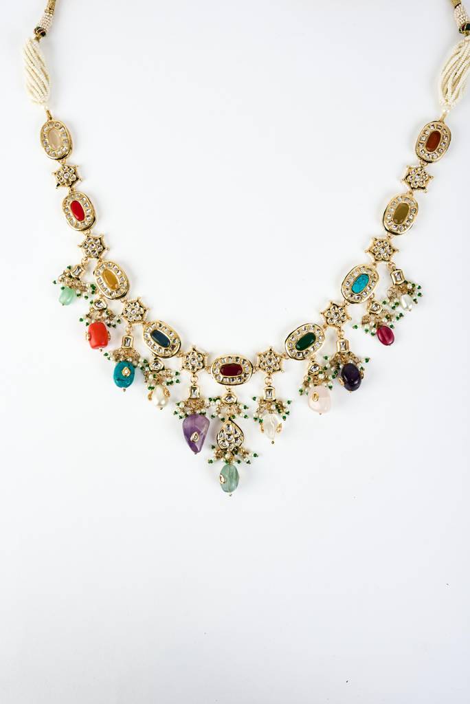 Vivinia By Vidhi Mehra Saadgi Gold Plated Multicolored Kundan, Polki Womens Long Necklace Set With Pair Of Earrings (F : VN893