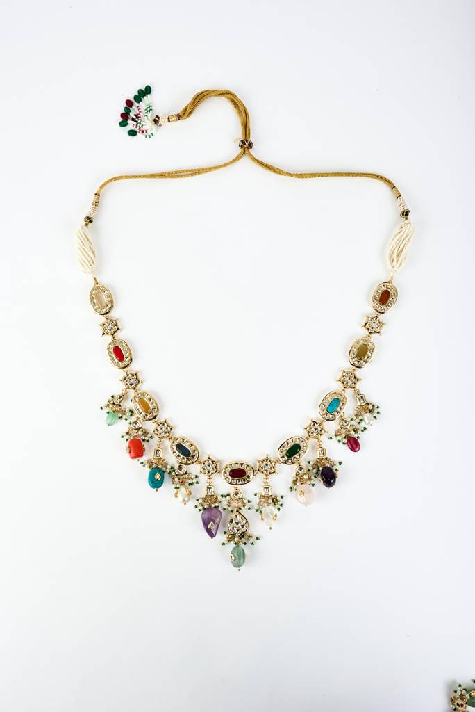 Vivinia By Vidhi Mehra Saadgi Gold Plated Multicolored Kundan, Polki Womens Long Necklace Set With Pair Of Earrings (F : VN893