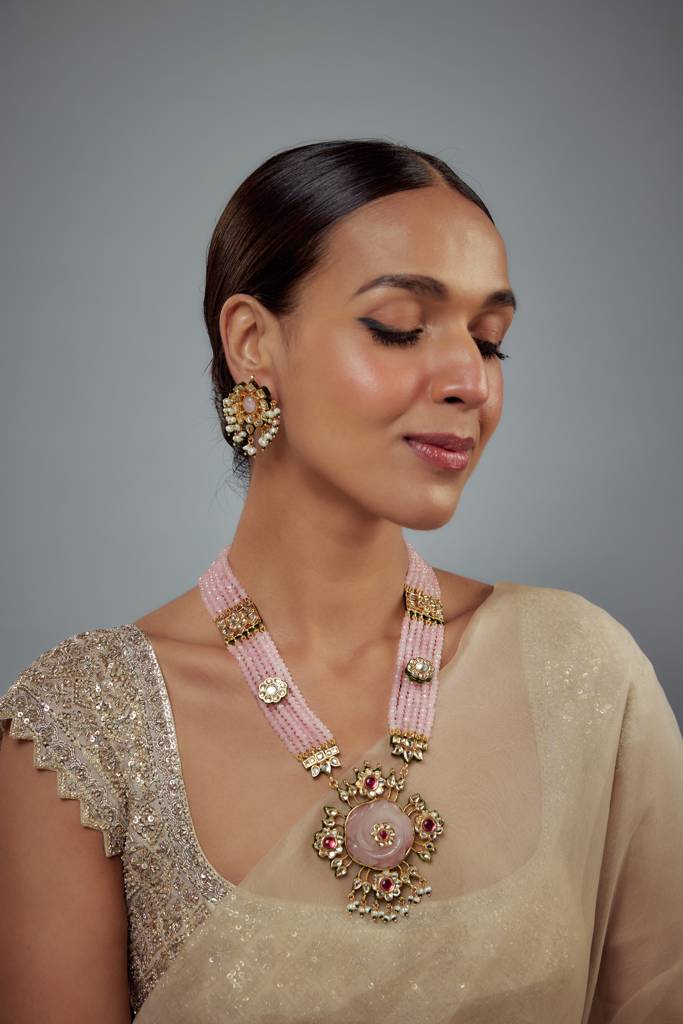 Vivinia By Vidhi Mehra Saadgi Gold Plated Pink Beaded Womens Long Necklace Set With Pair Of Earrings (Freesize)-Vn901 : VN901