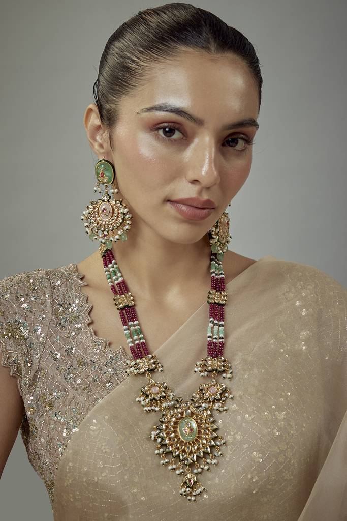 Vivinia By Vidhi Mehra Saadgi Gold Plated Maroon Beaded Womens Long Necklace Set With Pair Of Earrings -Vn908 : VN908