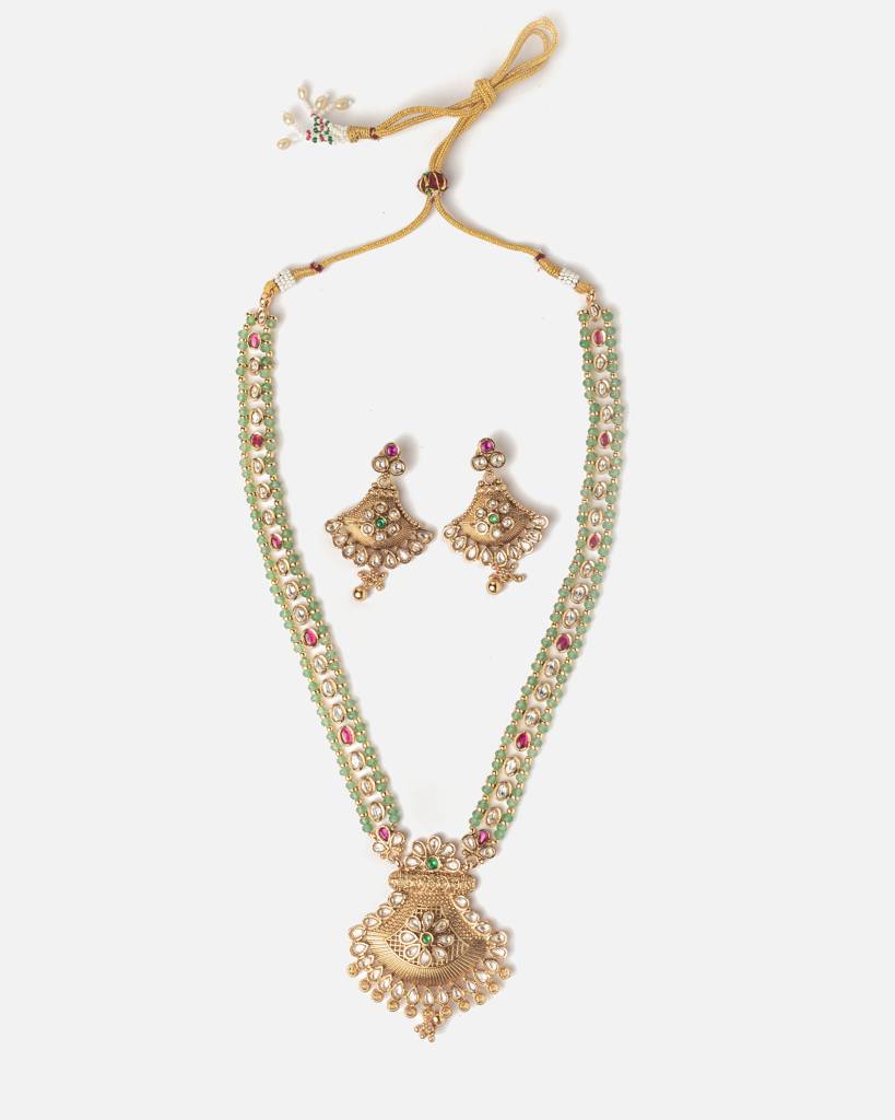 Vivinia By Vidhi Mehra Ismaarh 2.0 Gold/Green Long Necklace Set With Pair Of Earrings-Vn950 : VN950