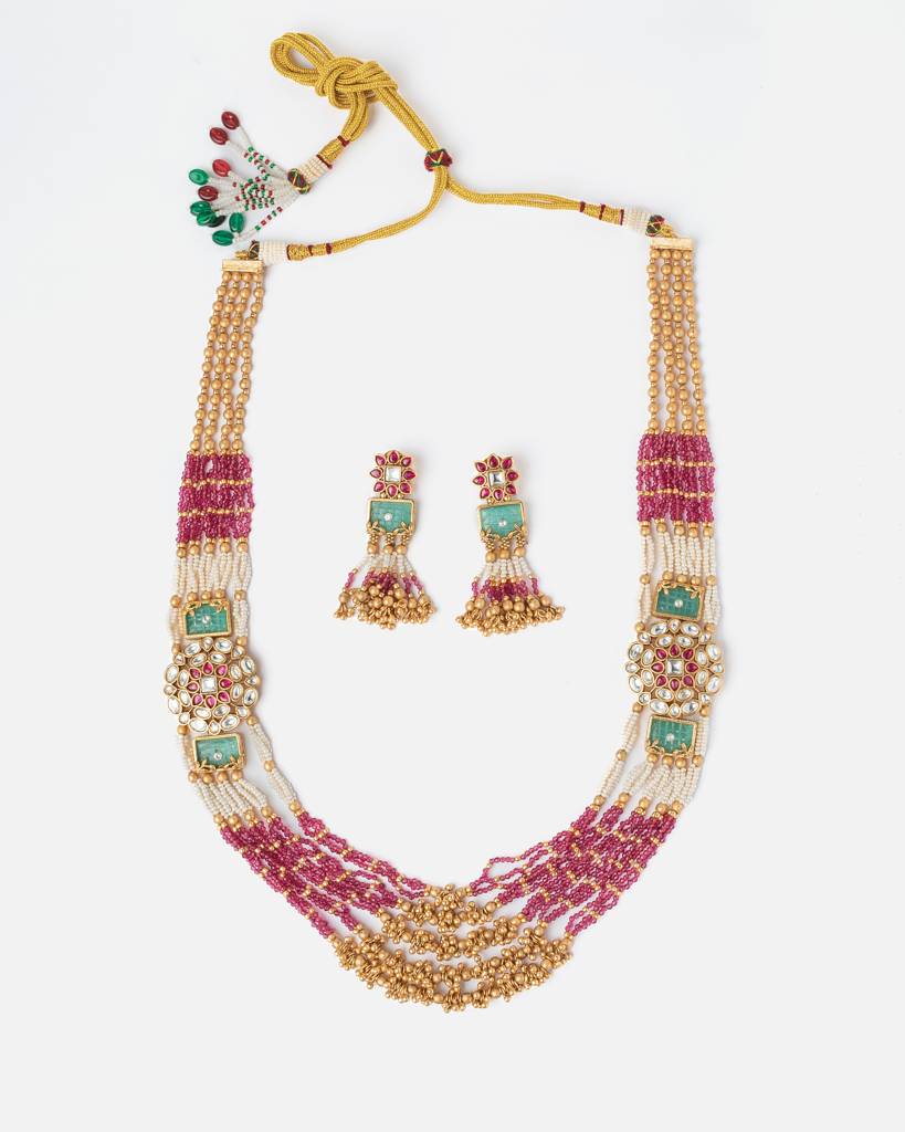 Vivinia By Vidhi Mehra Ismaarh 2.0 Gold/Pink/Multi Long Necklace Set With Pair Of Earrings : VN951