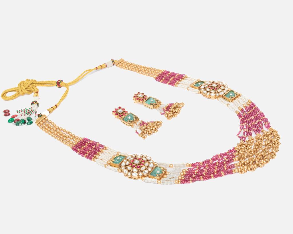 Vivinia By Vidhi Mehra Ismaarh 2.0 Gold/Pink/Multi Long Necklace Set With Pair Of Earrings : VN951
