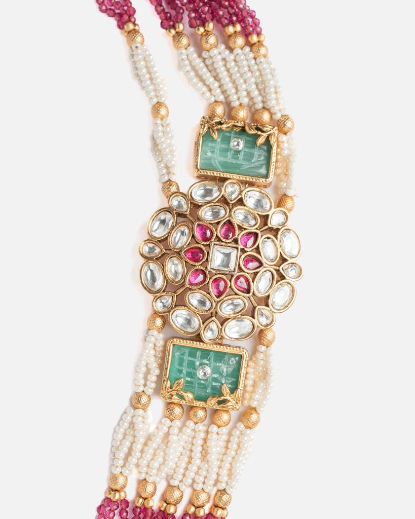 Vivinia By Vidhi Mehra Ismaarh 2.0 Gold/Pink/Multi Long Necklace Set With Pair Of Earrings : VN951
