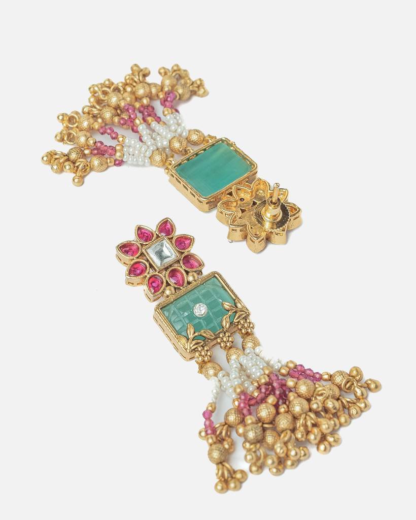 Vivinia By Vidhi Mehra Ismaarh 2.0 Gold/Pink/Multi Long Necklace Set With Pair Of Earrings : VN951