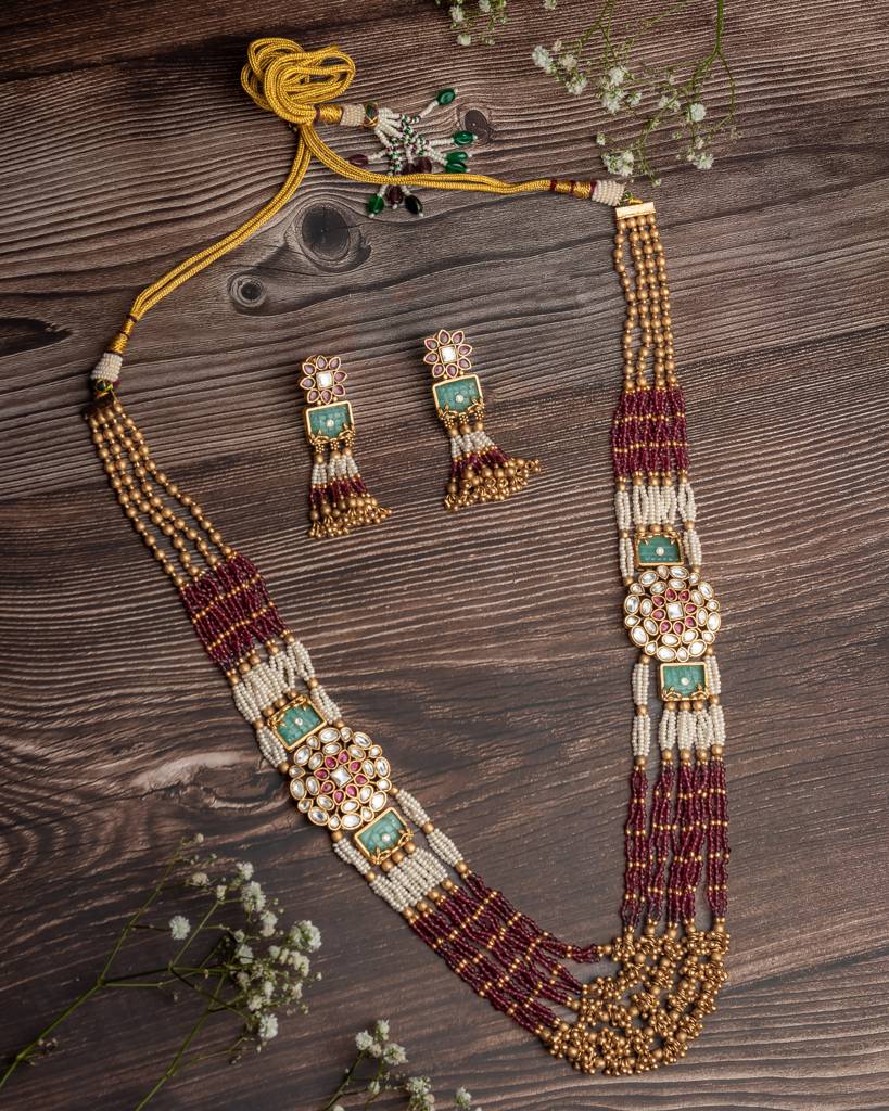 Vivinia By Vidhi Mehra Ismaarh 2.0 Gold/Pink/Multi Long Necklace Set With Pair Of Earrings : VN951