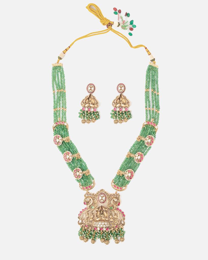Vivinia By Vidhi Mehra Ismaarh 2.0 Gold/Green Long Necklace Set With Pair Of Earrings-Vn954 : VN954