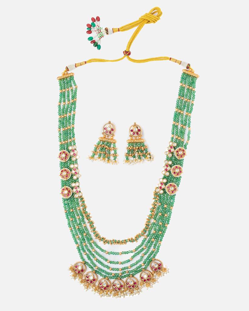 Vivinia By Vidhi Mehra Ismaarh 2.0 Gold/Green Long Necklace Set With Pair Of Earrings : VN955