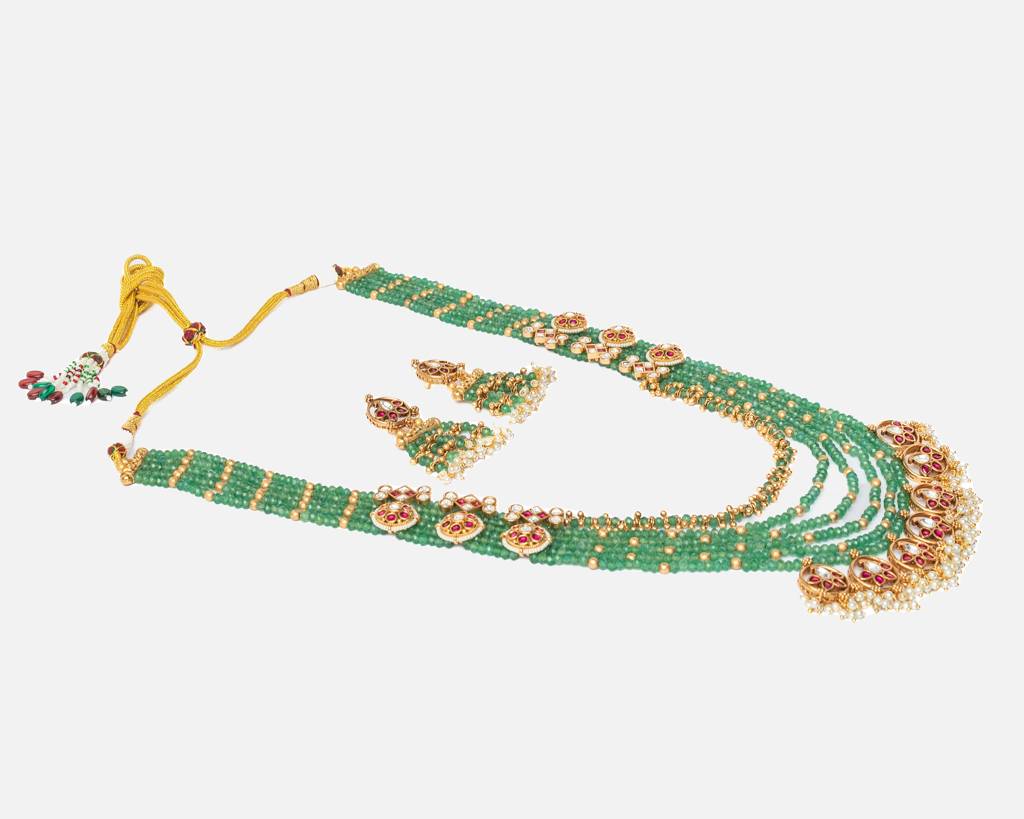 Vivinia By Vidhi Mehra Ismaarh 2.0 Gold/Green Long Necklace Set With Pair Of Earrings : VN955