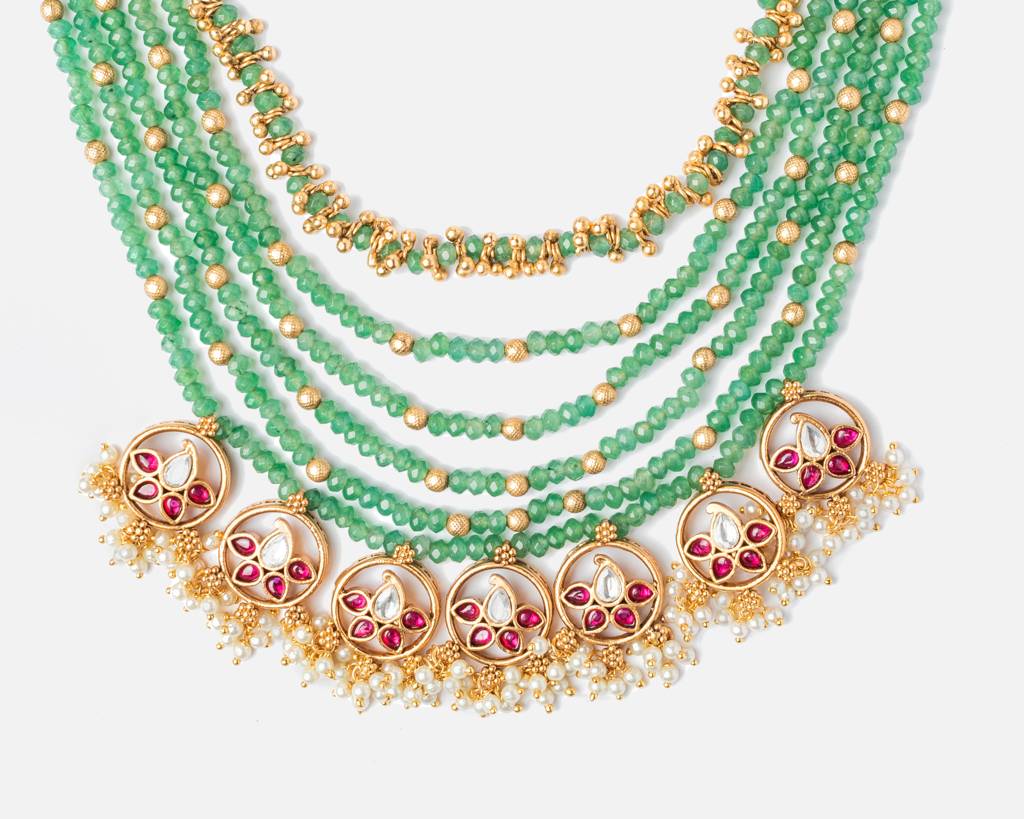 Vivinia By Vidhi Mehra Ismaarh 2.0 Gold/Green Long Necklace Set With Pair Of Earrings : VN955