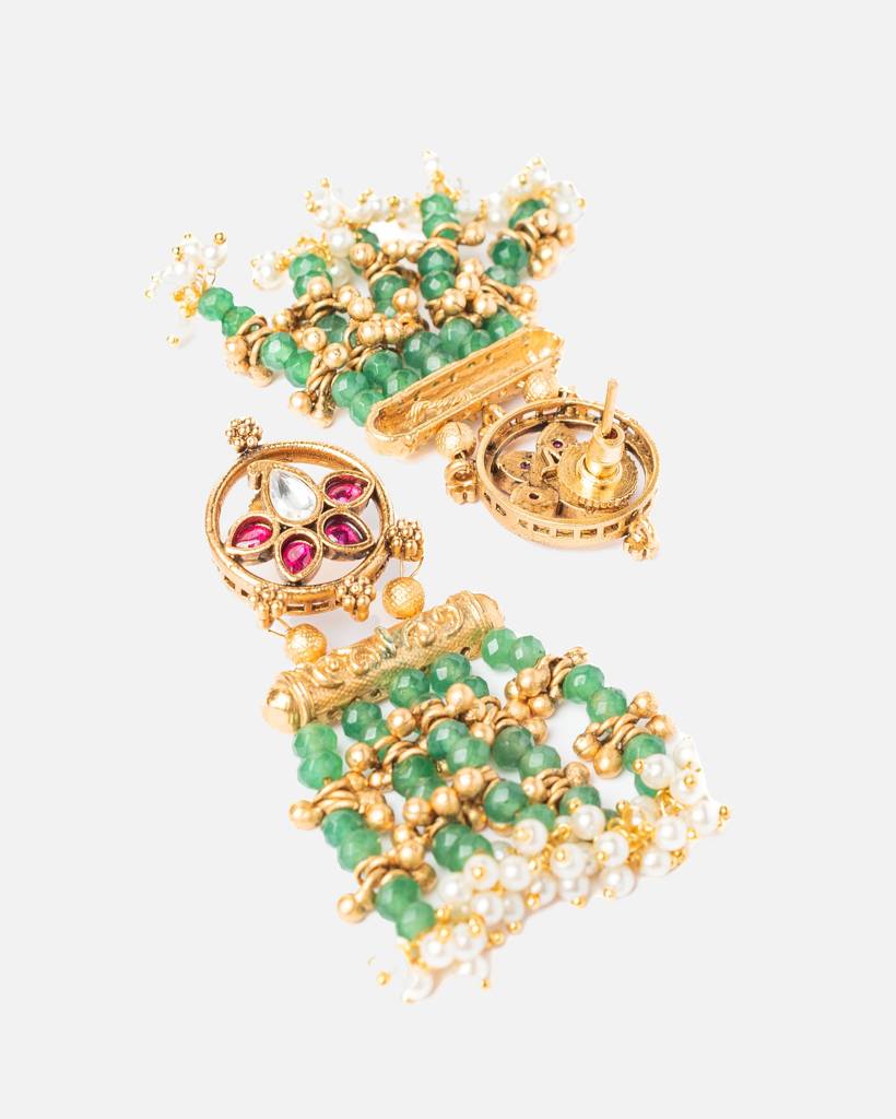 Vivinia By Vidhi Mehra Ismaarh 2.0 Gold/Green Long Necklace Set With Pair Of Earrings : VN955