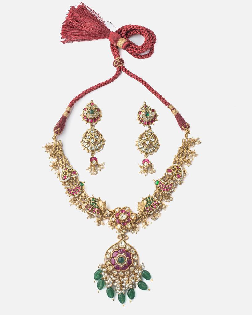 Vivinia By Vidhi Mehra Morpankh Gold Plated Multiwomens Kundan, Polki Short Necklace Set With Pair Of Earrings -Vn983 : VN983