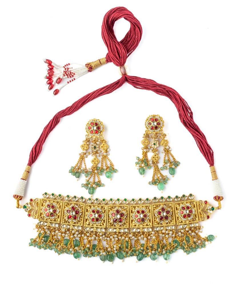 Vivinia By Vidhi Mehra Gold Plated Green Womens Kundan, Polki Necklace Set With Pair Of Earrings-Vn999 : VN999
