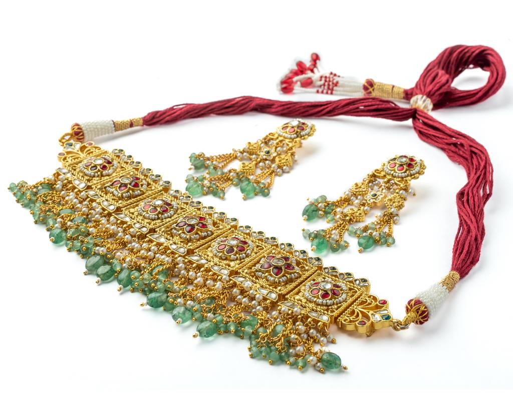 Vivinia By Vidhi Mehra Gold Plated Green Womens Kundan, Polki Necklace Set With Pair Of Earrings-Vn999 : VN999