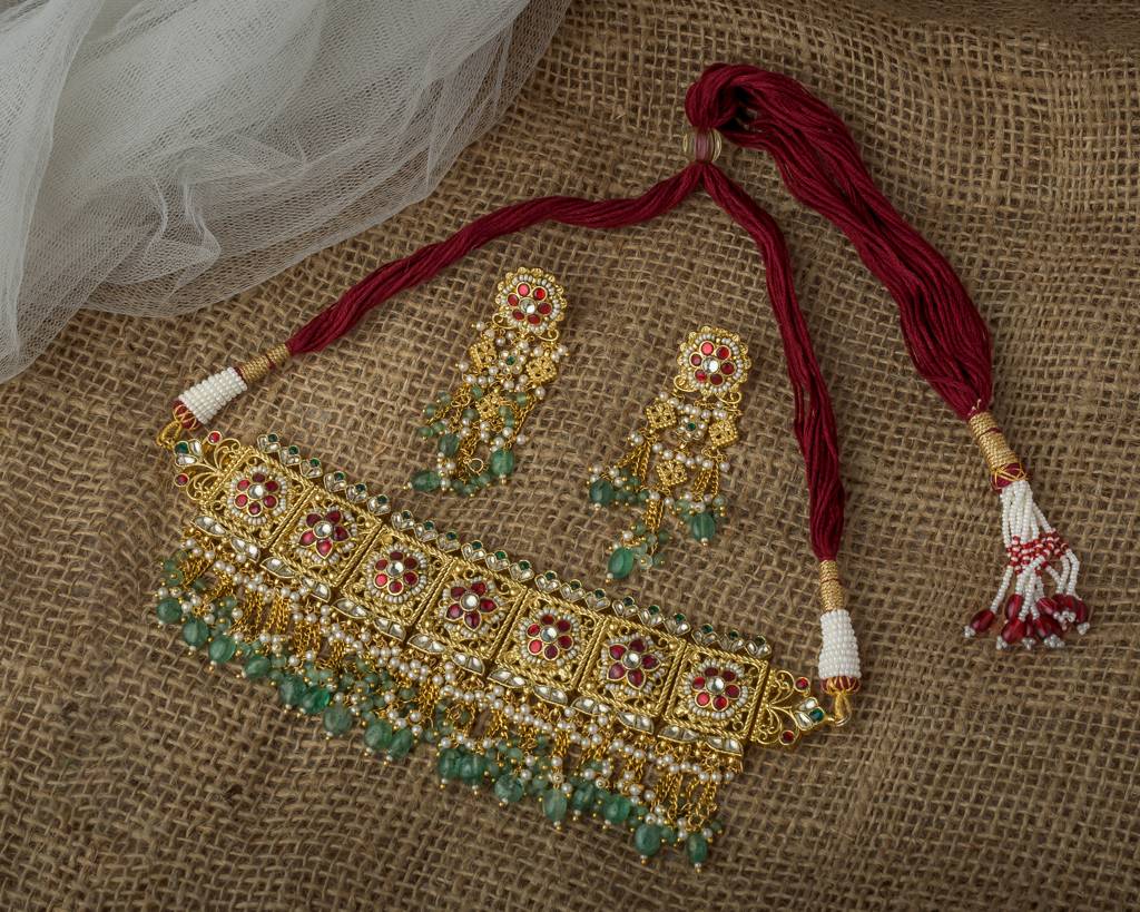 Vivinia By Vidhi Mehra Gold Plated Green Womens Kundan, Polki Necklace Set With Pair Of Earrings-Vn999 : VN999