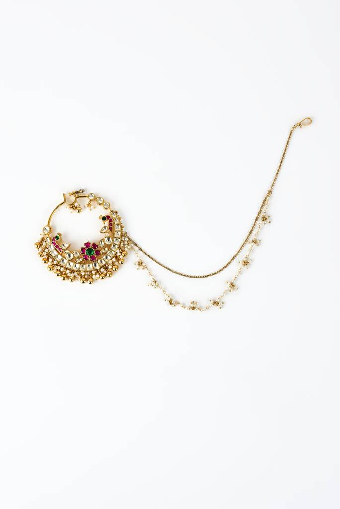 Vivinia By Vidhi Mehra Saadgi Gold Plated Red Kundan, Polki Womens Nath With Chain -Vnt016 : VNT016