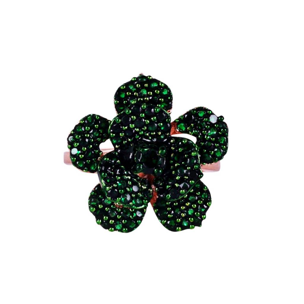 Stunning Green American Diamond Lightweight Adjustable Rose Motif Finger Ring With Premium Rosegold Finish F : AD-169-RGGNRING