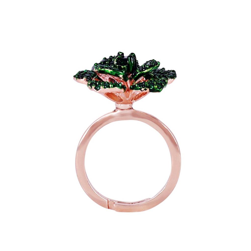 Stunning Green American Diamond Lightweight Adjustable Rose Motif Finger Ring With Premium Rosegold Finish F : AD-169-RGGNRING