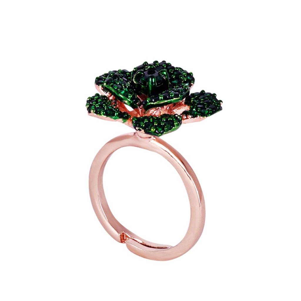 Stunning Green American Diamond Lightweight Adjustable Rose Motif Finger Ring With Premium Rosegold Finish F : AD-169-RGGNRING