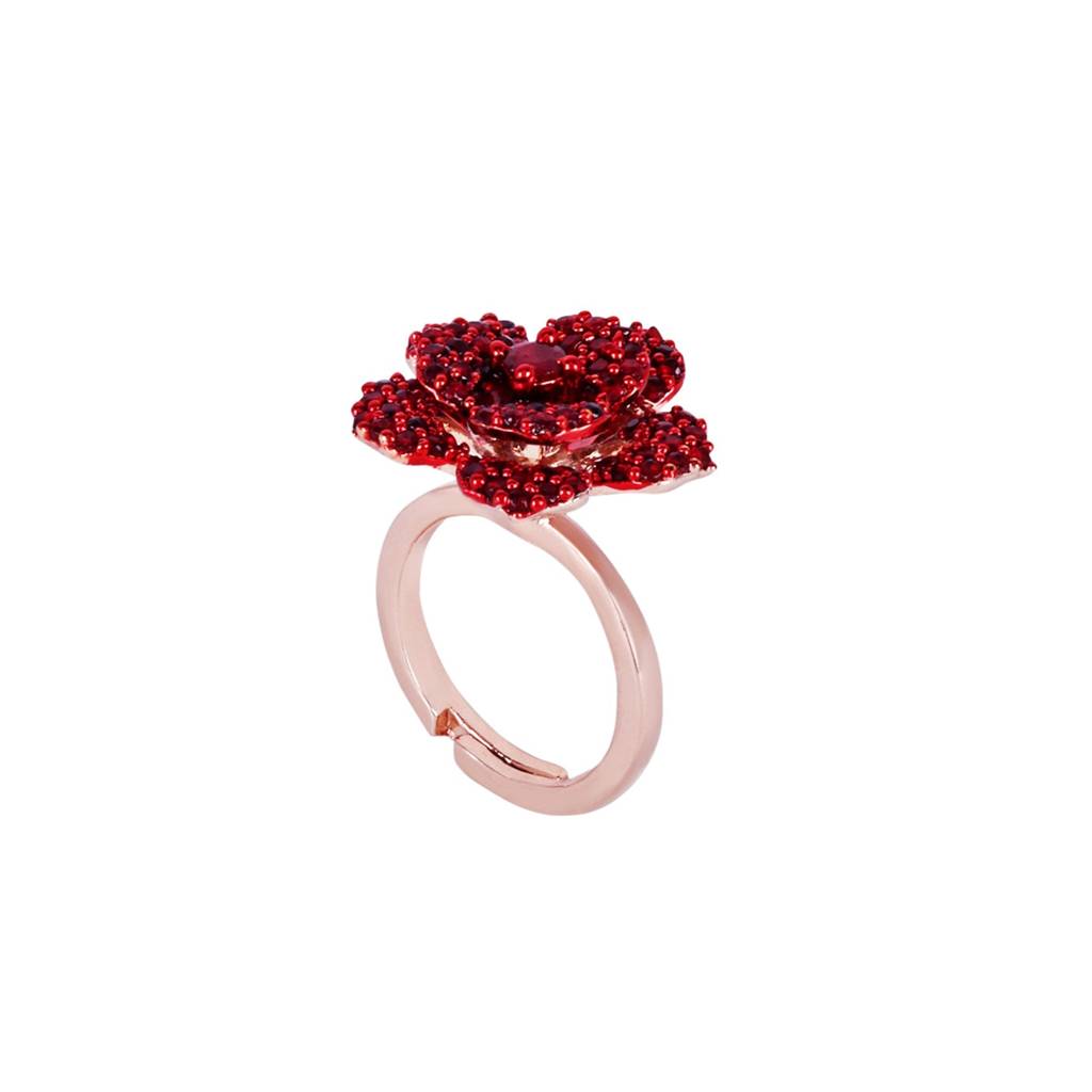 Dazzling Ruby Red American Diamond Lightweight Rose Motif Adjustable Finger Ring With Luxurious Rosegold Fin : AD-169-RGRBRING