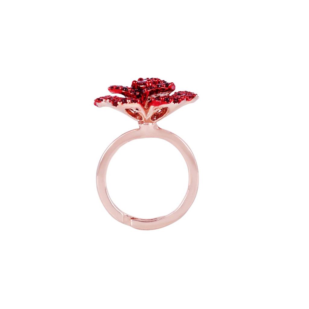 Dazzling Ruby Red American Diamond Lightweight Rose Motif Adjustable Finger Ring With Luxurious Rosegold Fin : AD-169-RGRBRING