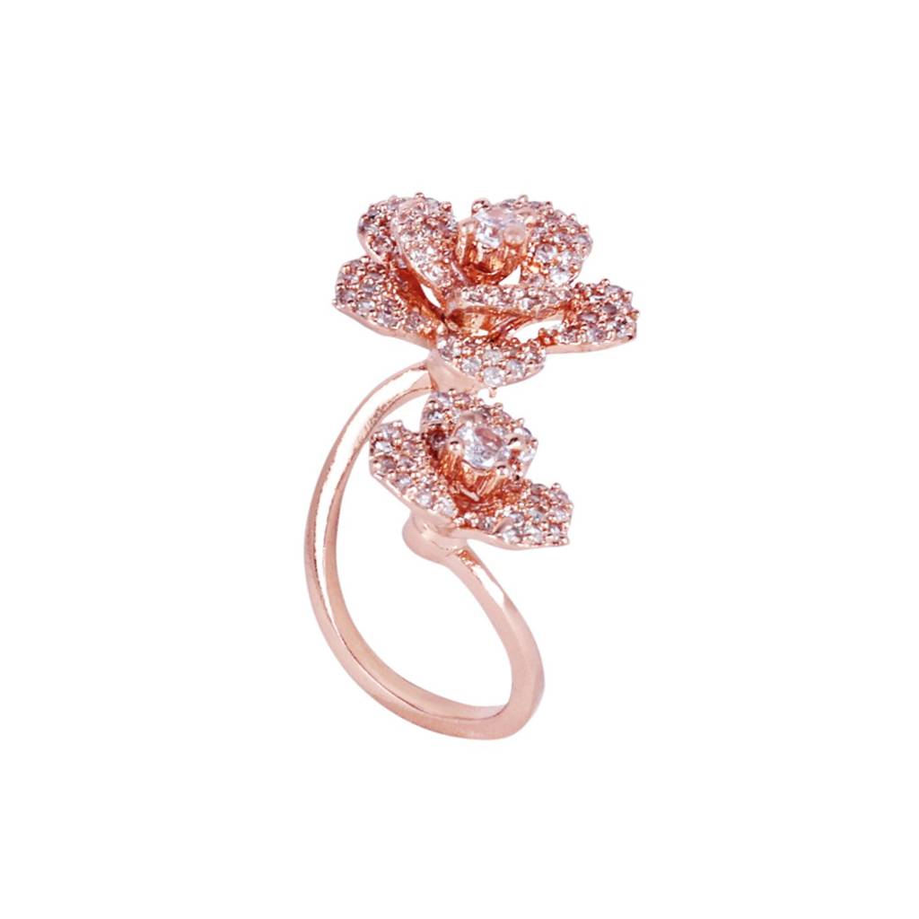 American Diamond Modern Rose Motif Flexible Finger Ring For Women: Lightweight Adjustable Design With Floral : AD-167-RGWERING