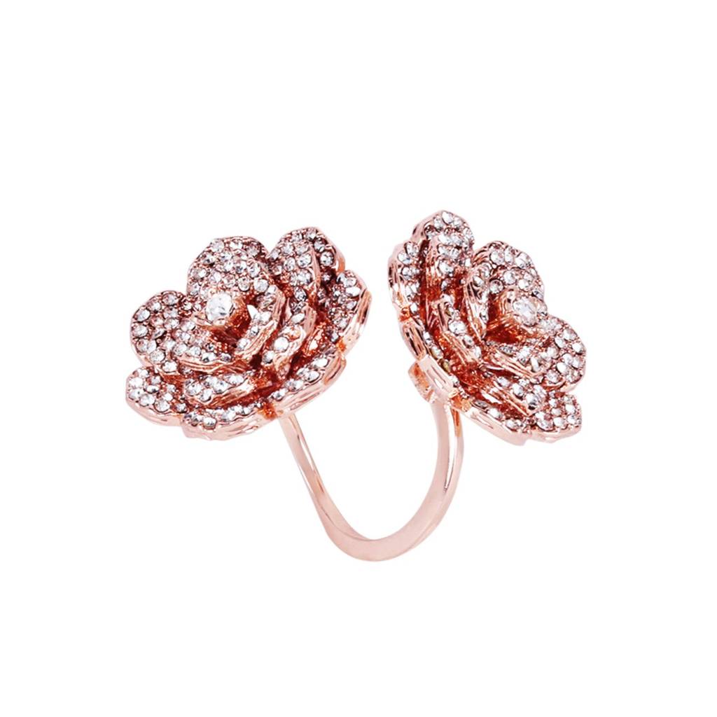 Minimalist Lightweight Rose Finger Ring: Rosegold Plated Flexible Floral Motif Jewelry For Women : 566-RGWERING