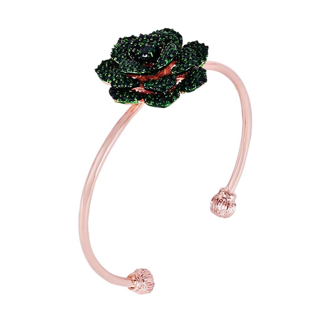 Stylish Comfort Fit Rose Motif Cuff Bracelet With Green American Diamonds For Women : AD-111-RGGNBR