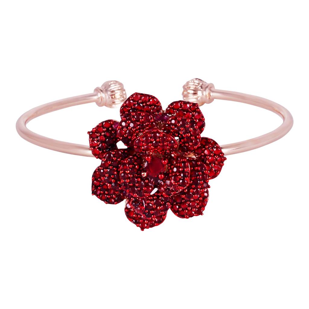 Rosegold Plated Trendy Rose Motif Cuff Bracelet With Ruby Red Stones For Women : AD-111-RGRBBR