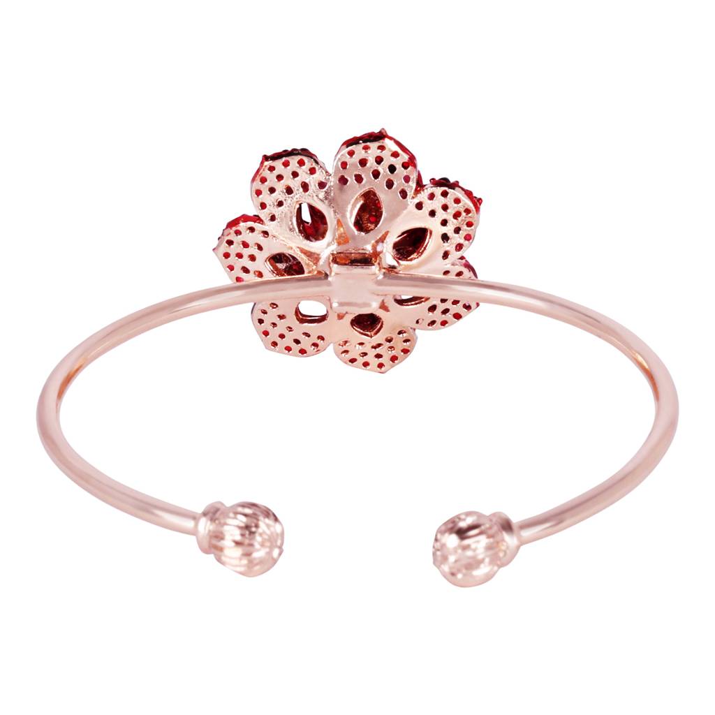 Rosegold Plated Trendy Rose Motif Cuff Bracelet With Ruby Red Stones For Women : AD-111-RGRBBR