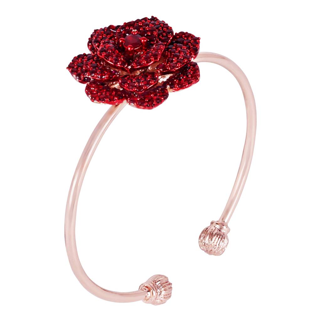 Rosegold Plated Trendy Rose Motif Cuff Bracelet With Ruby Red Stones For Women : AD-111-RGRBBR