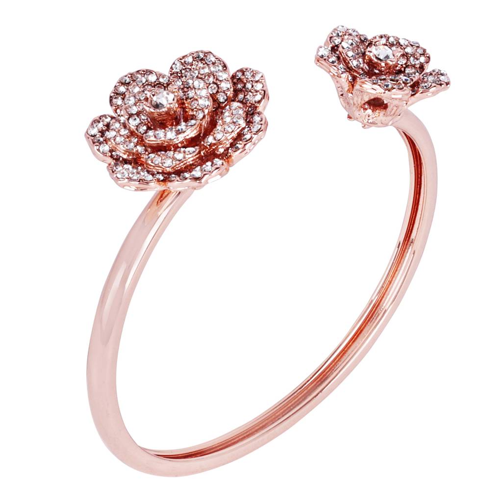 Modern Rose Motif Cuff Bracelet: Stylish Rosegold Plated With Floral Charms For Women : 102197-RGWEBR