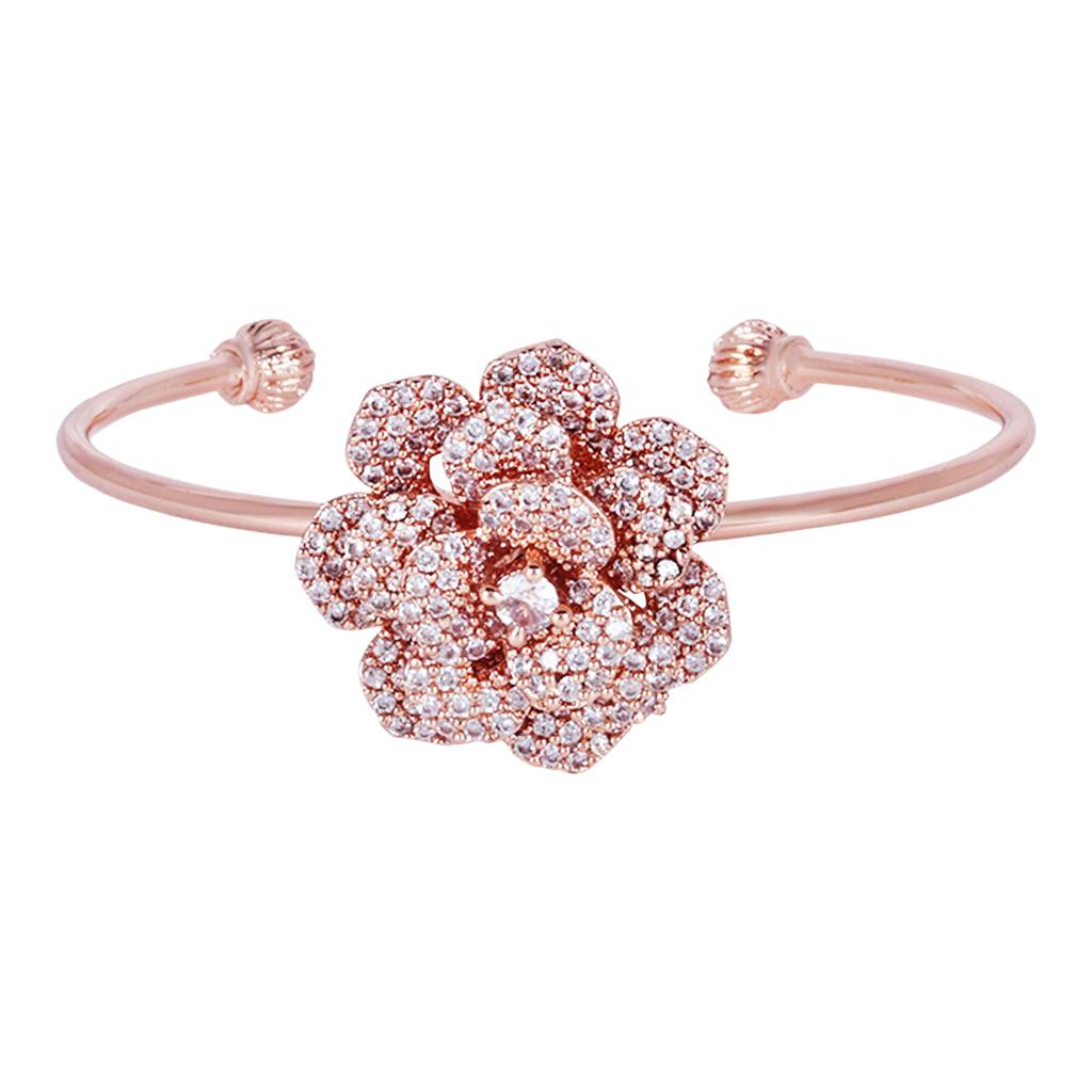 Luxurious Rose Motif Cuff Bracelet: Rosegold Plated With Floral Charms : AD-111-RGWEBR