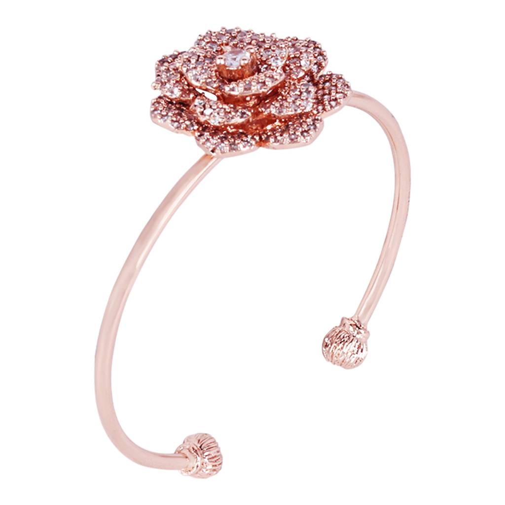Luxurious Rose Motif Cuff Bracelet: Rosegold Plated With Floral Charms : AD-111-RGWEBR