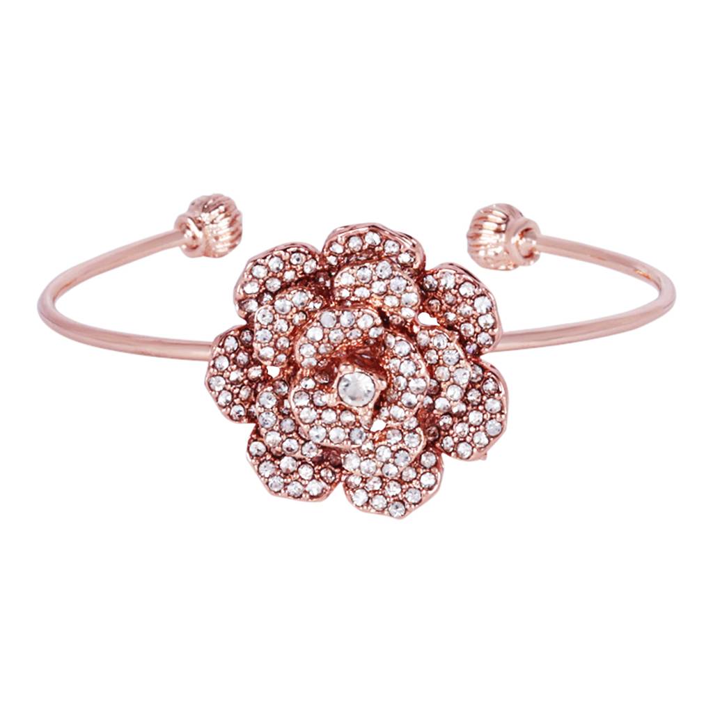 Trendy Rose Motif Cuff Bracelet For Women: Premium Rosegold Plated With Floral Detailing : 102201-RGWEBR