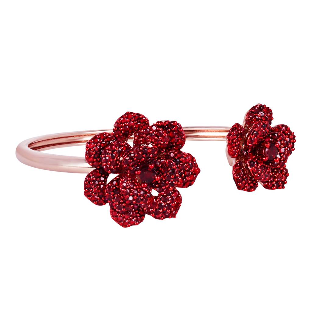 Premium Rosegold Plated Floral Rose Motif Cuff Bracelet With Ruby Red Stones -Adjustable & Comfort Fit For All : AD-109-RGRBBR