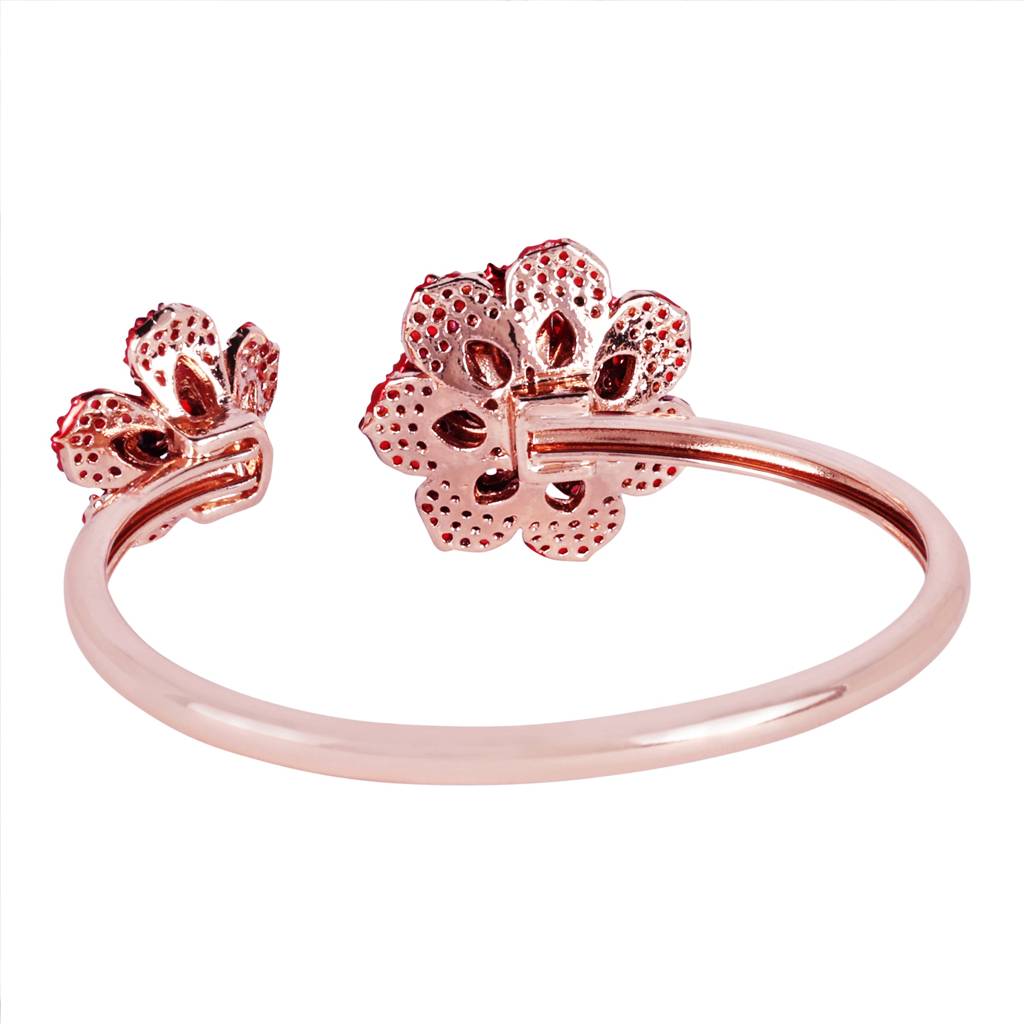 Premium Rosegold Plated Floral Rose Motif Cuff Bracelet With Ruby Red Stones -Adjustable & Comfort Fit For All : AD-109-RGRBBR