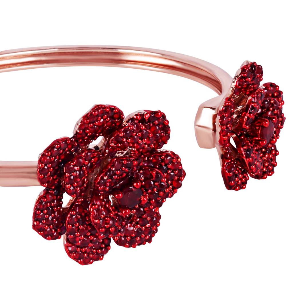 Premium Rosegold Plated Floral Rose Motif Cuff Bracelet With Ruby Red Stones -Adjustable & Comfort Fit For All : AD-109-RGRBBR
