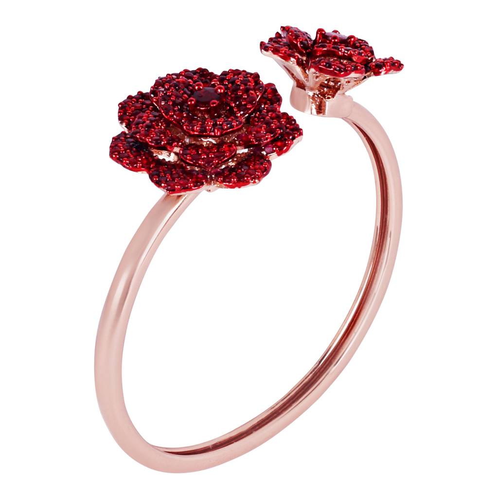 Premium Rosegold Plated Floral Rose Motif Cuff Bracelet With Ruby Red Stones -Adjustable & Comfort Fit For All : AD-109-RGRBBR