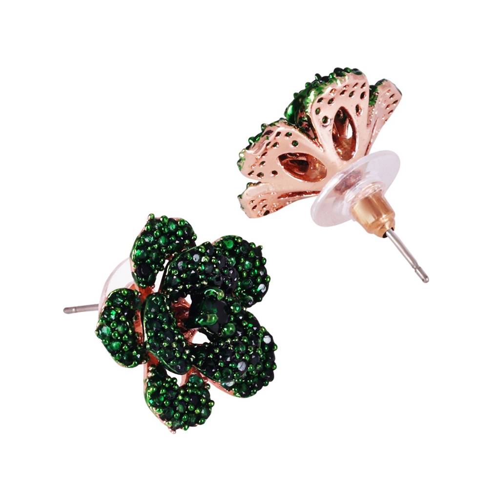 Sparkling Green American Diamond Rose Motif Stud Earrings With Premium Rosegold Finish : AD-815-RGGNERER
