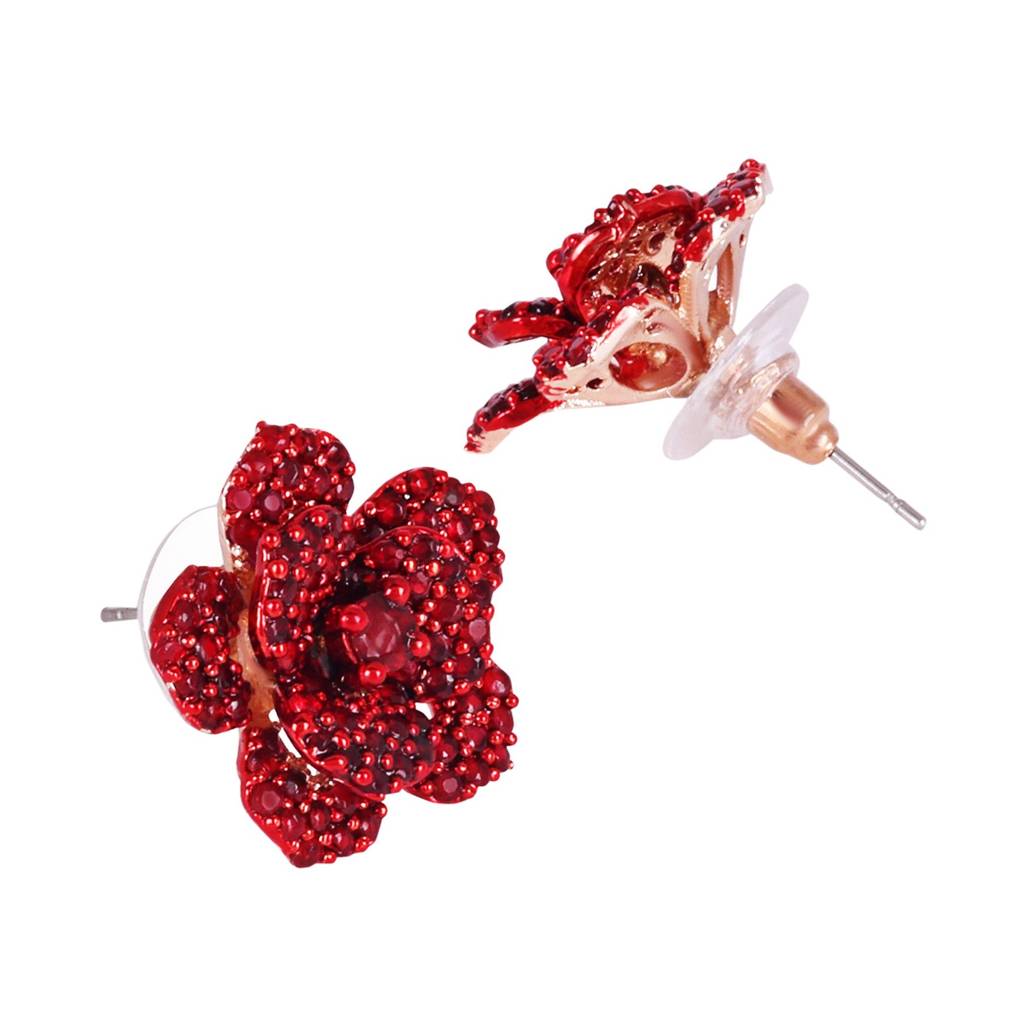 Dazzling Ruby Red American Diamond Rose Motif Stud Earrings With Luxurious Rosegold Finish : AD-815-RGRBERER