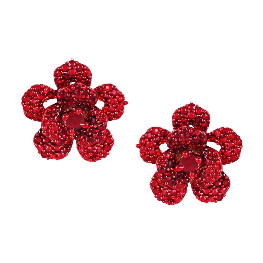 Dazzling Ruby Red American Diamond Rose Motif Stud Earrings With Luxurious Rosegold Finish : AD-815-RGRBERER