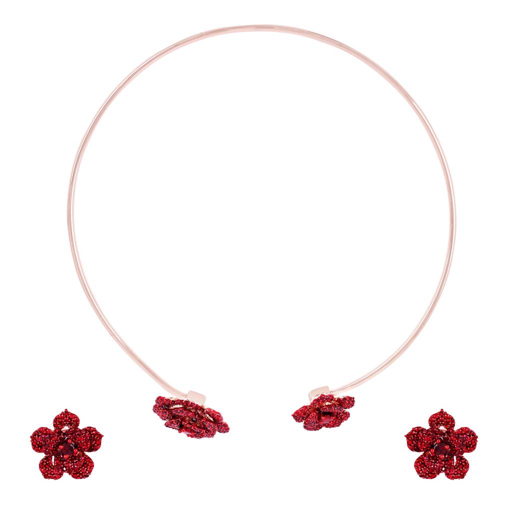 Exclusive Lightweight Ruby Red American Diamond Rose Motif Necklace Set With Rosegold Finish : AD-815-RGRBNKER