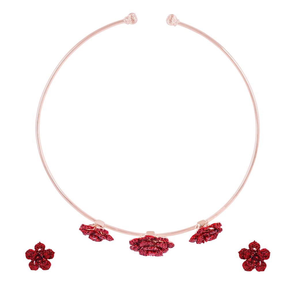 Dazzling Lightweight Ruby Red American Diamond Rose Motif Necklace Set With Premium Rosegold Finish : AD-814-RGRBNKER