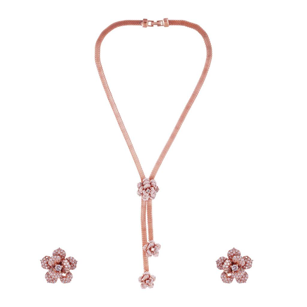 Elegant Rose Motif Necklace Set: Gold Plated Lightweight Floral Motif Jewelry For Women : AD-818-RGWENKER