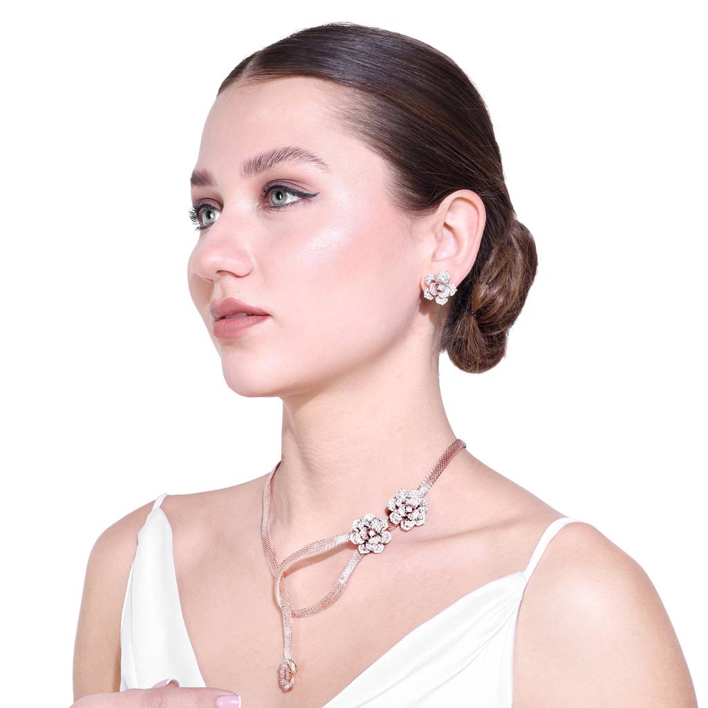 Luxury Rose Motif Necklace Set: Stylish Rosegold Plated Floral Design For Women : AD-817-RGWENKER