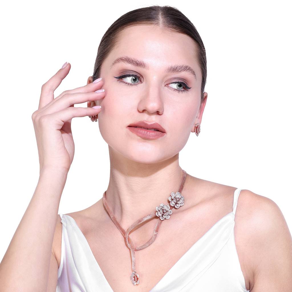 Luxury Rose Motif Necklace Set: Stylish Rosegold Plated Floral Design For Women : AD-817-RGWENKER